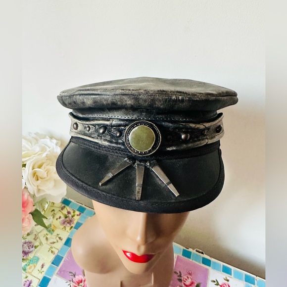 Royal Peasantry Vintage Style Artisan Handmade Black Leather Women's Cap Hat - Picture 2 of 6